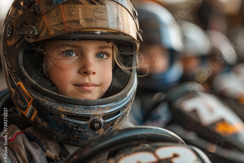 Calm and confident, this image shows a young kart racer ready to face the track, symbolizing preparedness and ambition