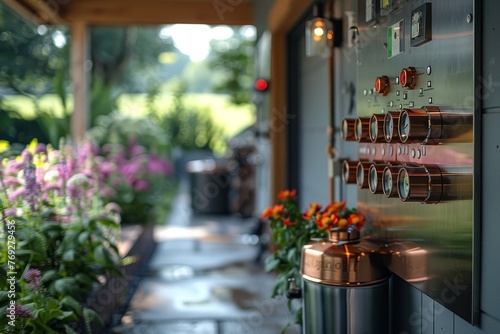 Shallow depth of field captures the details of draught beer tap handles in a vibrant outdoor bar setting