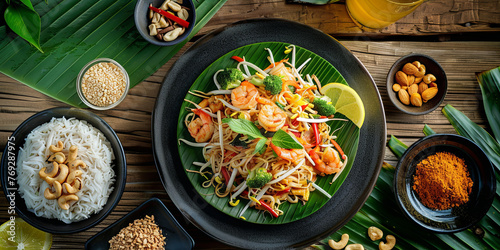 a plate of Thai pad thai with noodles, shrimp and vegetables on top of green leaves, generative AI
