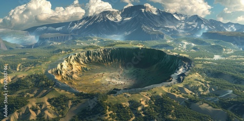 A serene mountain range is suddenly interrupted by a monstrous crater indicating the ferocity of a meteorites collision.