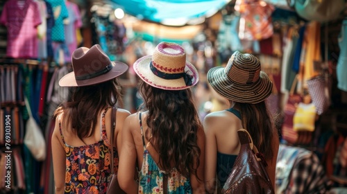Three friends faces hidden by widebrimmed hats chat and laugh as they make way through the winding rows of stalls and . .