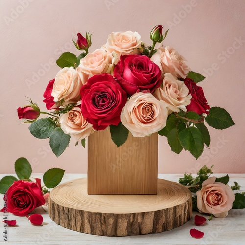 a rose-themed podium decor arrangement with a wooden podium as the centerpiece, accented by clusters of beige red rose flowers. Set against a backdrop of pale pink pastel tones, the decor exudes a sen