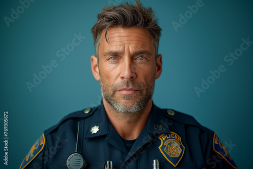 A handsome Police Officer looking at the camera isolated on a blue background