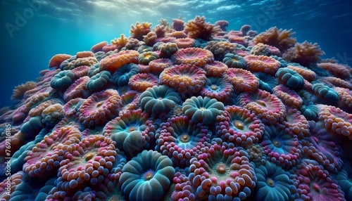 A medium shot of coral polyps on a reef, showcasing the minute details of their tiny, cooperative colony structure.