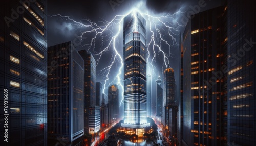 A lightning bolt striking a skyscraper at night, illuminating the surrounding buildings with a sudden flash.