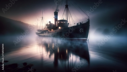 A vintage steamer ship moored in a tranquil harbor enveloped in early morning mist.