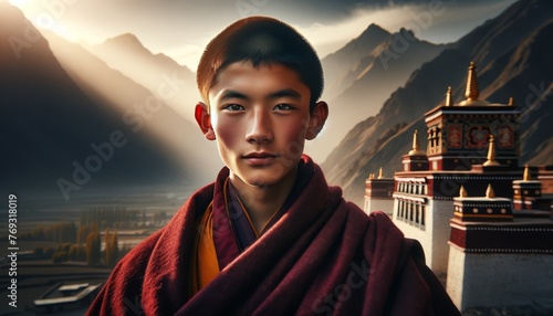 A young Tibetan monk in traditional robes, his youthful face juxtaposed with the ancient wisdom of his culture.
