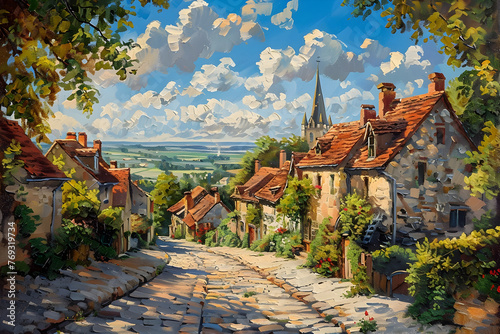 Idyllic Cobblestone Village with Quaint Houses and Distant Church Spire Impasto Painting Style