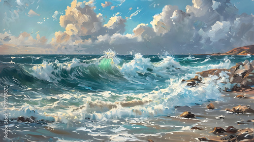 Captivating Seascape in Expressionist Style Crashing Waves Rugged Coastline and Dramatic Skies