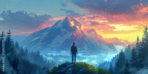 A man stands on a cliff, admiring the breathtaking mountain vista