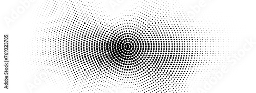 Radial halftone comic texture. Abstract circle dotted line background. Black pop art dot gradient backdrop. Retro grunge cartoon for poster, overlay, cover, print. Vector noise grain pattern wallpaper