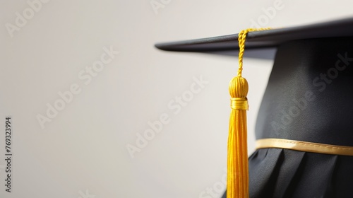 Graduation cap with yellow tassel on a clean, minimalist background.