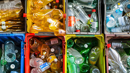 Colorful Plastic Bottles Recycling Collection . Close-up of a colorful collection of plastic bottles and caps in a recycling facility, highlighting waste management and environmental conservation. 