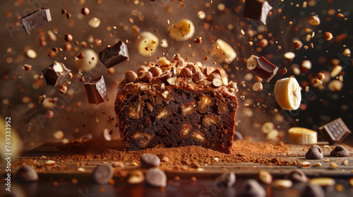 Nut-loaded chocolate loaf with dynamic ingredients frozen mid-air suggesting deliciousness