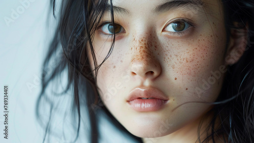 A close-up image of an Asian woman with many freckles