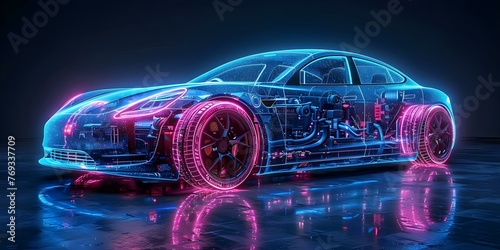 Visualize an electric vehicle prototype in D with an exposed engine compartment and vibrant blue neon lighting. Concept Electric Vehicle Prototype, Exposed Engine Compartment