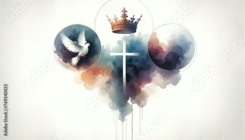 Holy Trinity symbols. Cross, crown and dove of Holy Spirit on the background of watercolors.