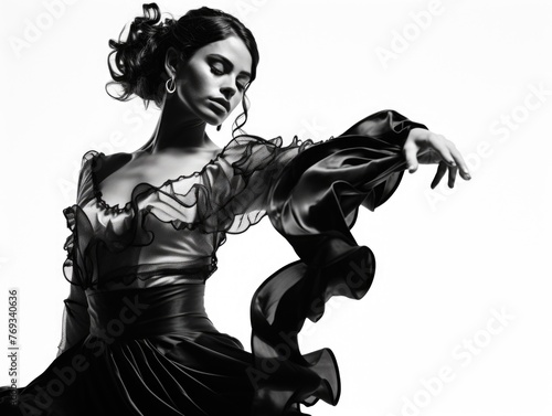A woman in a black dress is dancing