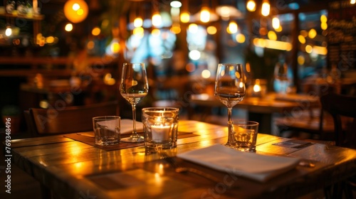 A wooden table set with multiple glasses of wine and neatly folded napkins, creating an inviting restaurant ambiance