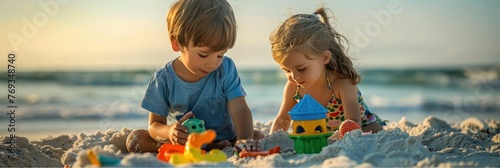 Two young children,a boy and a girl,are playing happily on a sandy beach by the ocean They are building sandcastles and using colorful plastic beach toys to create their own imaginative structures