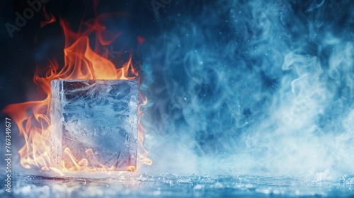 A square ice cube on fire in the middle of water, creating a unique contrast of elements