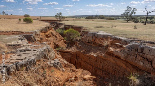 The lack of vegetation has left the soil vulnerable to erosion creating deep trenches and gullies in the landscape.