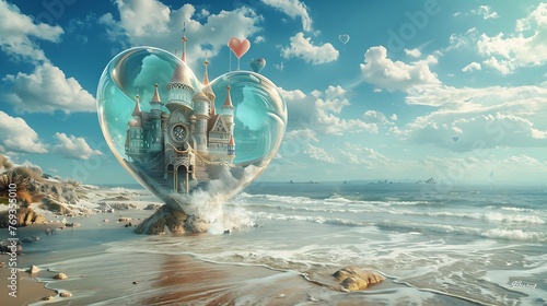 Fantasy palace in a reasonable glass heart on white sand ocean side sky and seascape