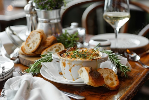 A commercial wide shot of French onion soup setting on a dining table with a wooden surface