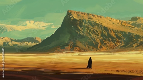 The quiet solitude of a solitary figure standing amidst a vast desert landscape. 