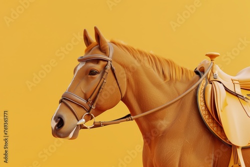 A brown horse with a bridle on its head is standing on a yellow background