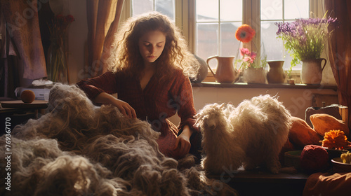 close up a woman working with wool in her living room with his pet dog Winter reading in the cozy library with lantern