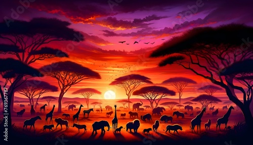 A vibrant digital art representation of an African safari scene, showcasing silhouettes of diverse wildlife against a dramatic sunset backdrop.
