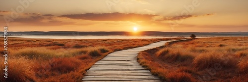 Beautiful panoramic sunset autumn landscape with wooden path nature banner poster background backdrop from Generative AI