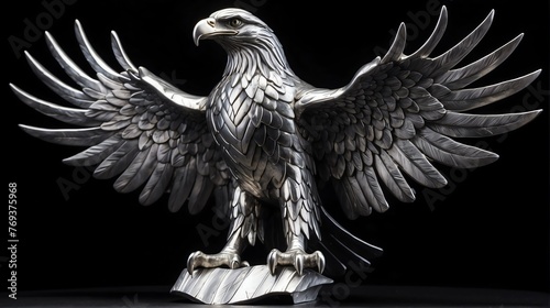 Shiny silver eagle statue on plain black background facing forward from Generative AI