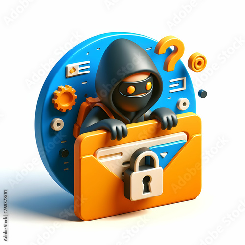 3D flat icon for business as Code Burglar Sneaky figure bypassing firewalls in online security threats theme with isolated white background ,Full depth of field, high quality ,include copy space, No n