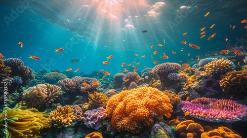 Vibrant coral reef teeming with fish and corals in the fluid underwater world