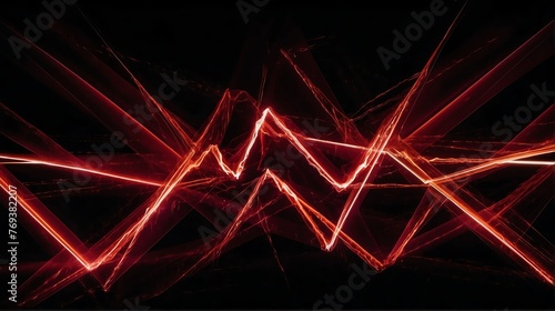 Bright abstract red zigzag rays lines of lights on plain black background from Generative AI