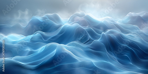 Abstract 3d rendering of wavy surface. Futuristic background with dynamic particles Blue curling waves in a multilevel stereogram illusion.