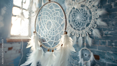 An organism made of wood and twigs, known as a dream catcher, hangs on a transparent glass circle in front of a window, blending art and visual arts , dream catcher hangs 