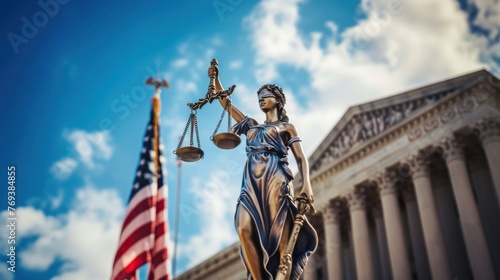 A statue of a lady justice and a American flag behind her.
