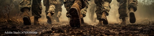 Soldier Troops's boots on the march through a dusty landscape, capturing the grit of a military exercise.
