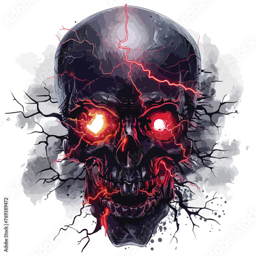 Skull with glowing red eyes and crackling lightning bulb