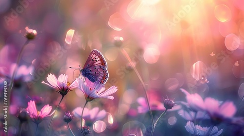 Field of Colorful Cosmos Flower and Butterfly in Nature with Sunlight. Summer, Spring, Bokeh, Flora, Floral, Violet, Pollen, Insect, Bug, Closeup, Background, Wallpaper, Plant 
