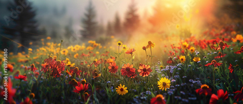A meadow filled with wildflowers, with the colors shifting from vibrant yellows to deep reds, forming a splendid gradient captured in high-definition to showcase its mesmerizing vibrancy.