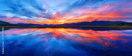 A serene lake reflecting the colors of the sky at sunrise, creating a splendid gradient of blues and oranges, all captured in high-definition to emphasize its mesmerizing vibrancy.