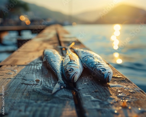 Fish bait on a wooden dock, early morning, preparation,