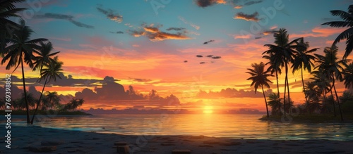 A breathtaking sunset over a tropical beach with lush palm trees, birds flying in the sky, and a stunning afterglow painting the clouds and water in shades of red and orange