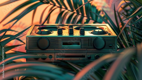 stylish retro ghetto blaster held in hand against vibrant urban background