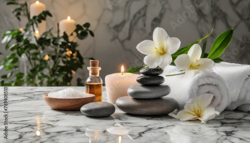 Tranquil Harmony: Spa Stones Resting on a White Marble Table in Captivating Composition