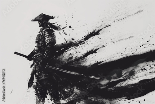 Ink-Brush Samurai Stance. An artistic monochrome ink-brush illustration of a samurai in full armor, poised and looking into the distance with his sword at the ready.